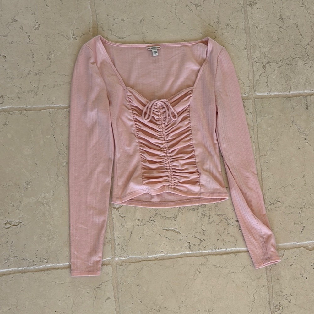 Guess Pink Ruched Long Sleeve Crop Blouse